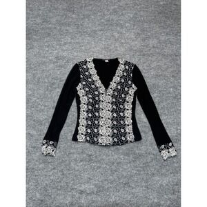 Kay Celine Womens Small Black White Floral Embroidered Hook Eye Long Sleeve Top